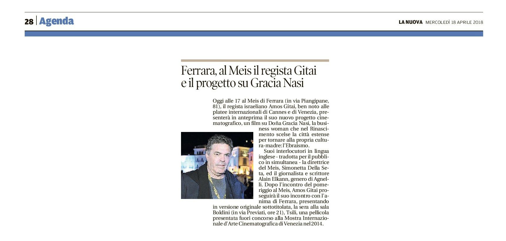 Ferrara, al Meis il regista Gitai e il progetto su Gracia Nasi