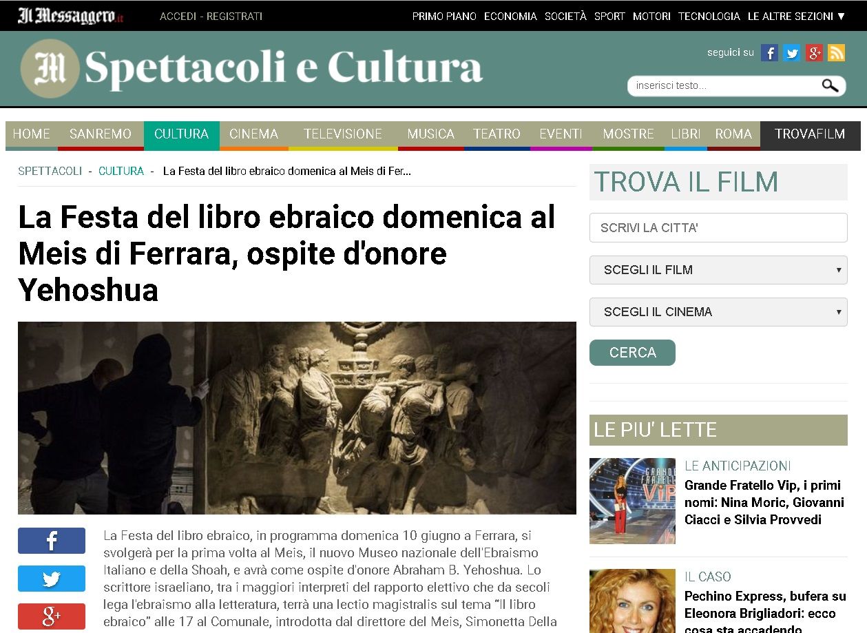 La Festa del libro ebraico domenica al Meis di Ferrara, ospite d’onore Yehoshua