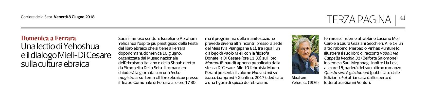 Una lectio di Yehoshua e il dialogo Mieli-DiCesare sulla cultura ebraica