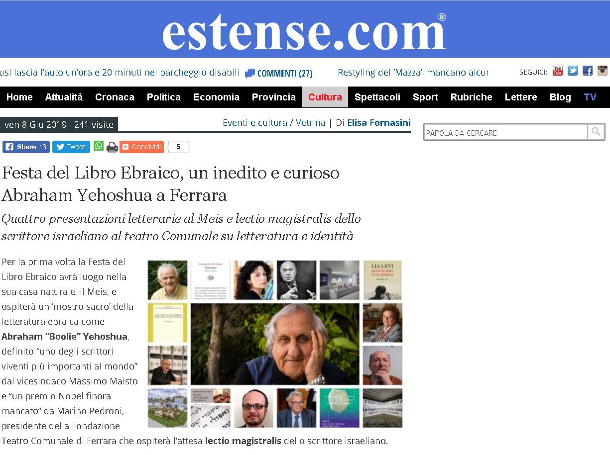 Festa del Libro Ebraico, un inedito e curioso Abraham Yehoshua a Ferrara