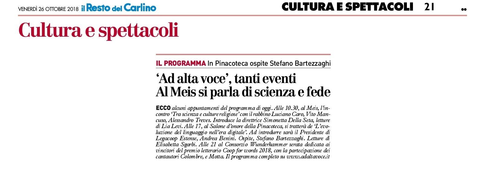 ‘Ad alta voce’, tanti eventi. Al Meis si parla di scienza e fede