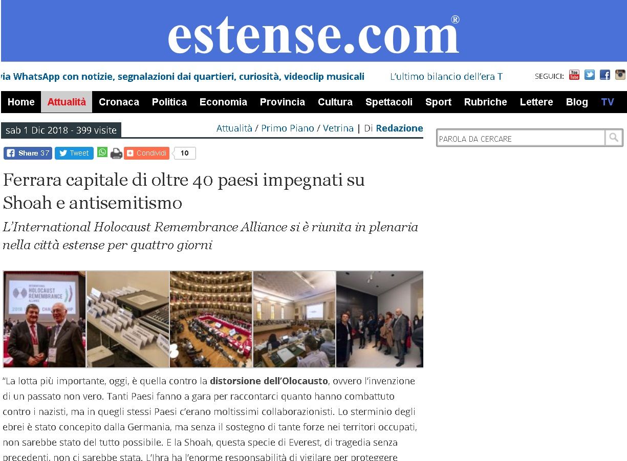 Ferrara capitale di oltre 40 paesi impegnati su Shoah e antisemitismo