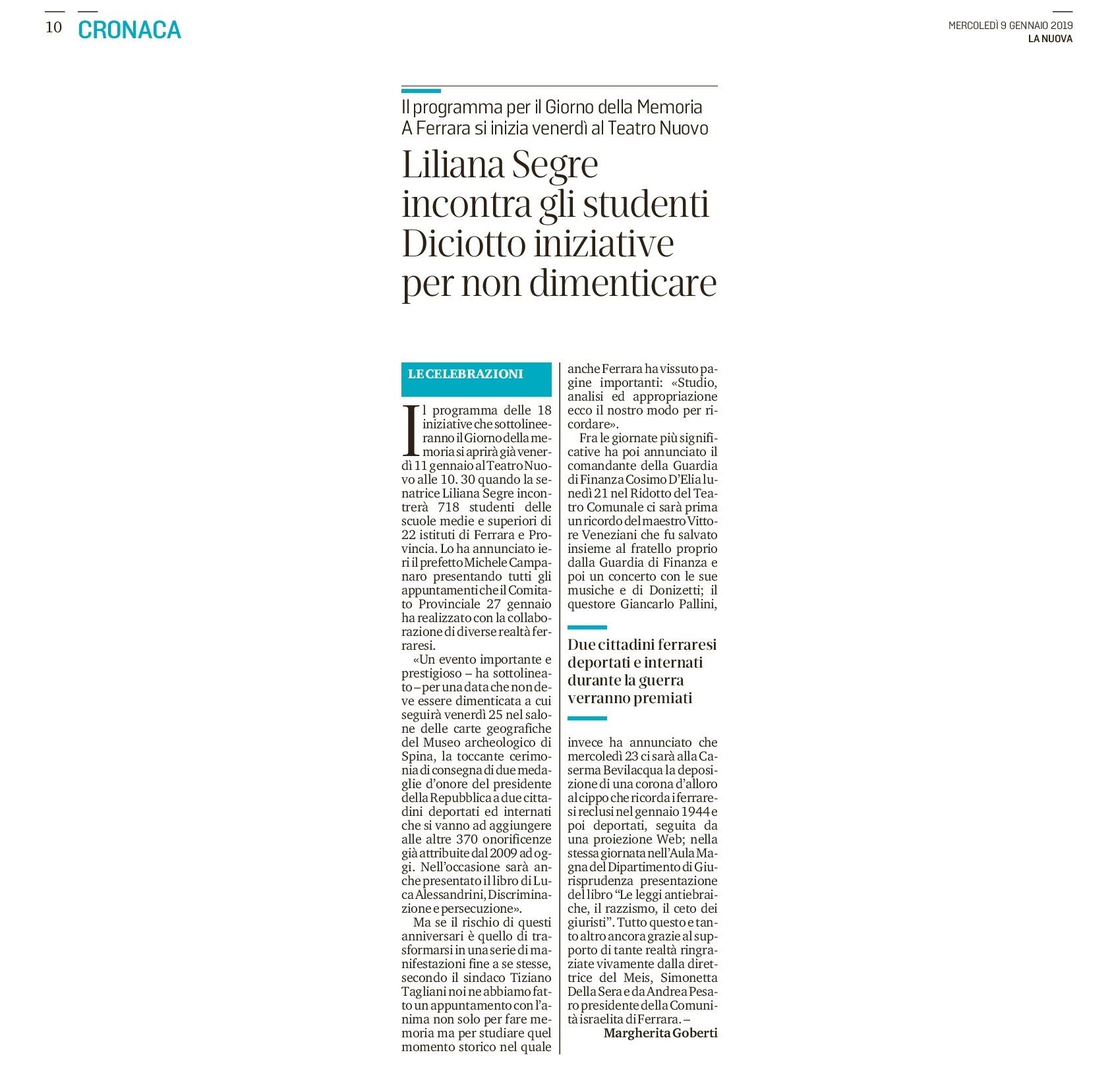 Liliana Segre incontra gli studenti. Diciotto iniziative per non dimenticare