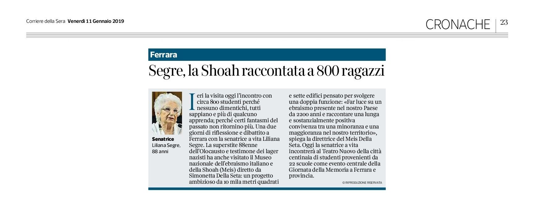 Segre, la Shoah raccontata a 800 ragazzi