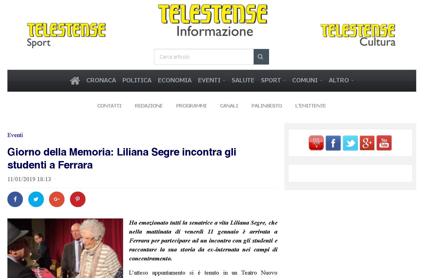 Giorno della Memoria: Liliana Segre incontra gli studenti a Ferrara