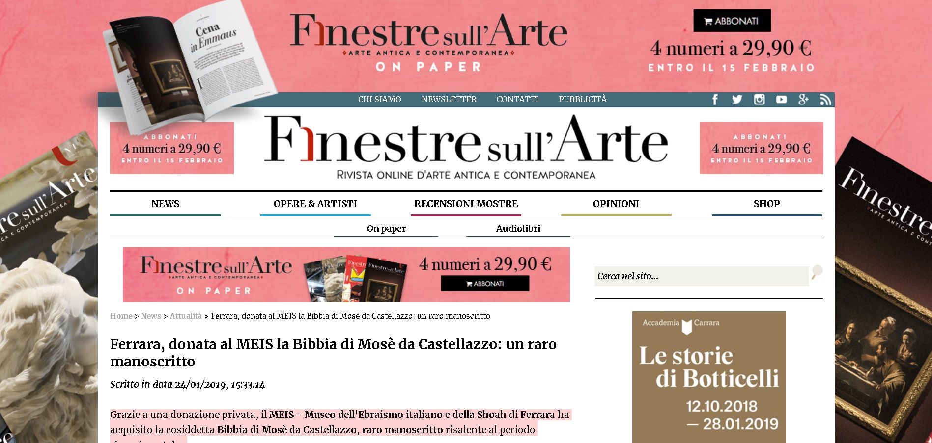 Ferrara, donata al MEIS la Bibbia di Mosè da Castellazzo: un raro manoscritto