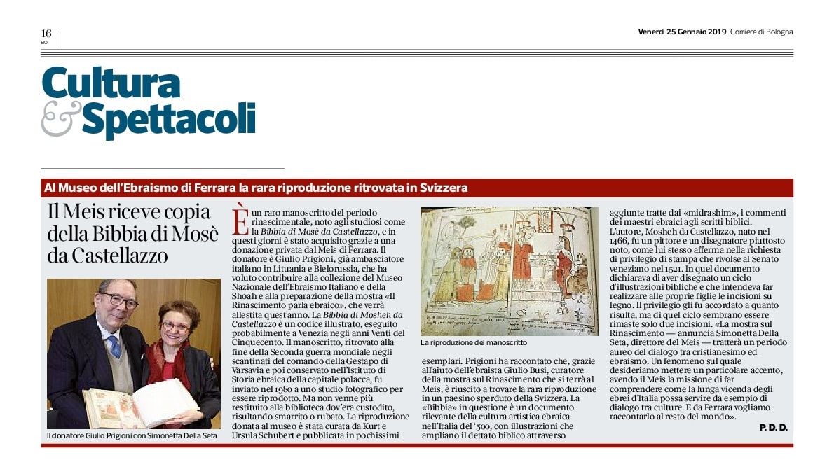 Il Meis riceve copia della Bibbia di Mosè da Castellazzo
