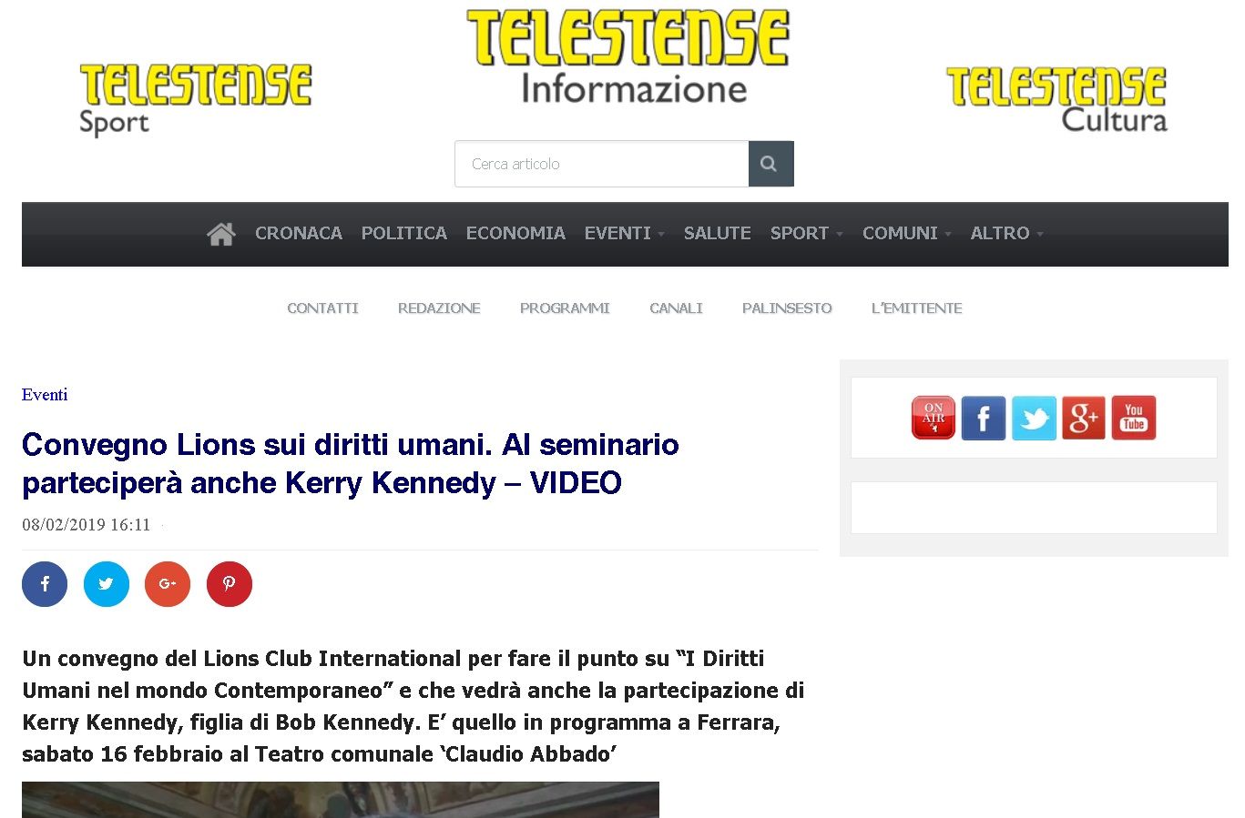 Convegno Lions sui diritti umani. Al seminario parteciperà anche Kerry Kennedy