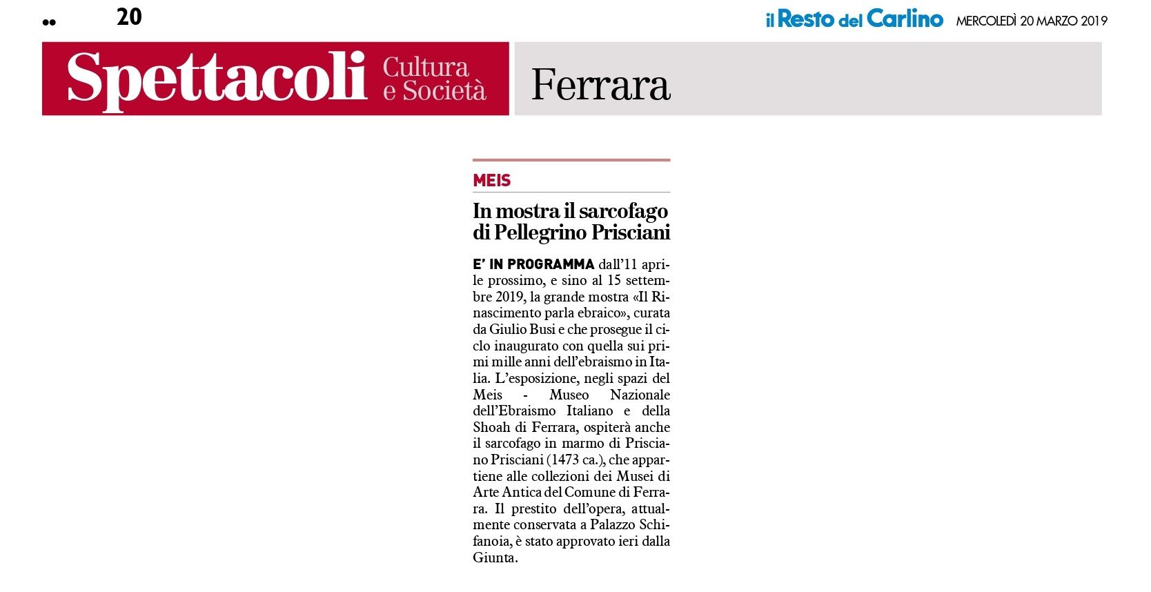 In mostra il sarcofago di Pellegrino Prisciani