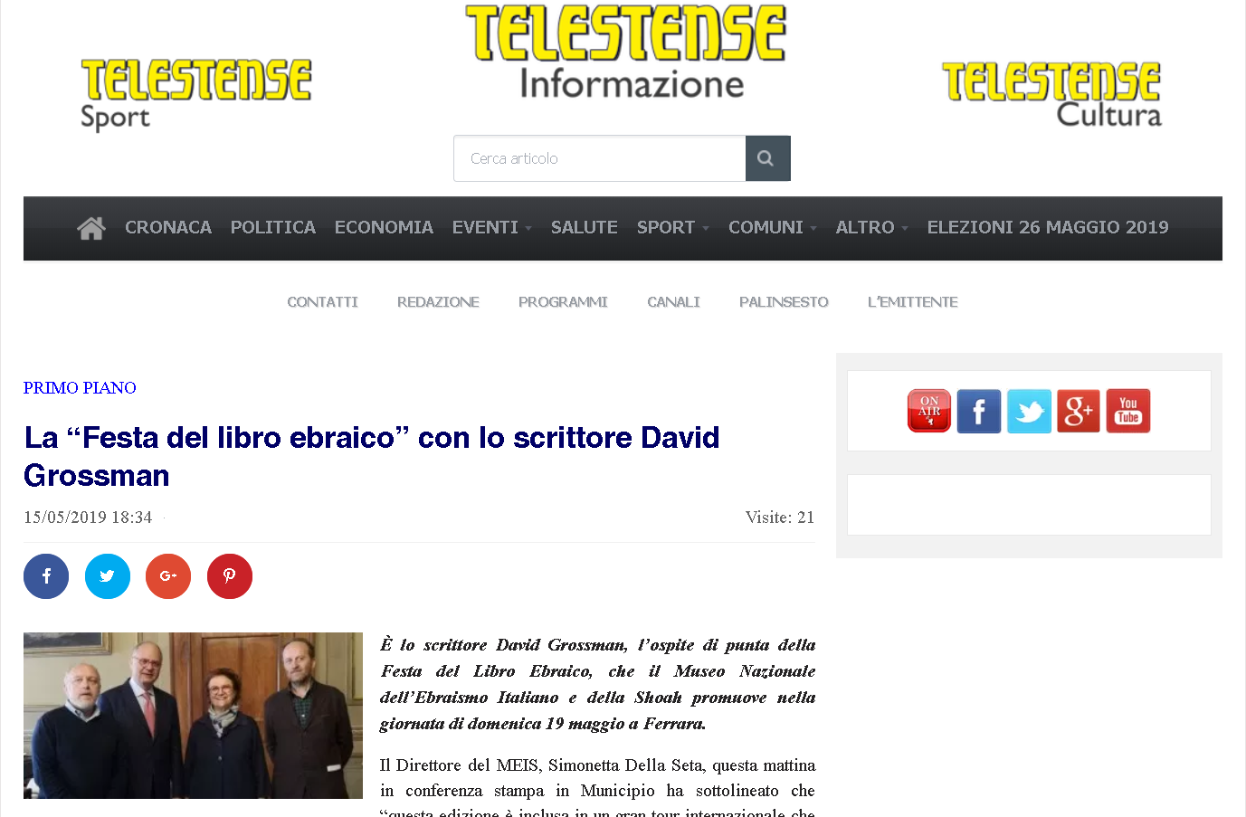 La “Festa del libro ebraico” con lo scrittore David Grossman