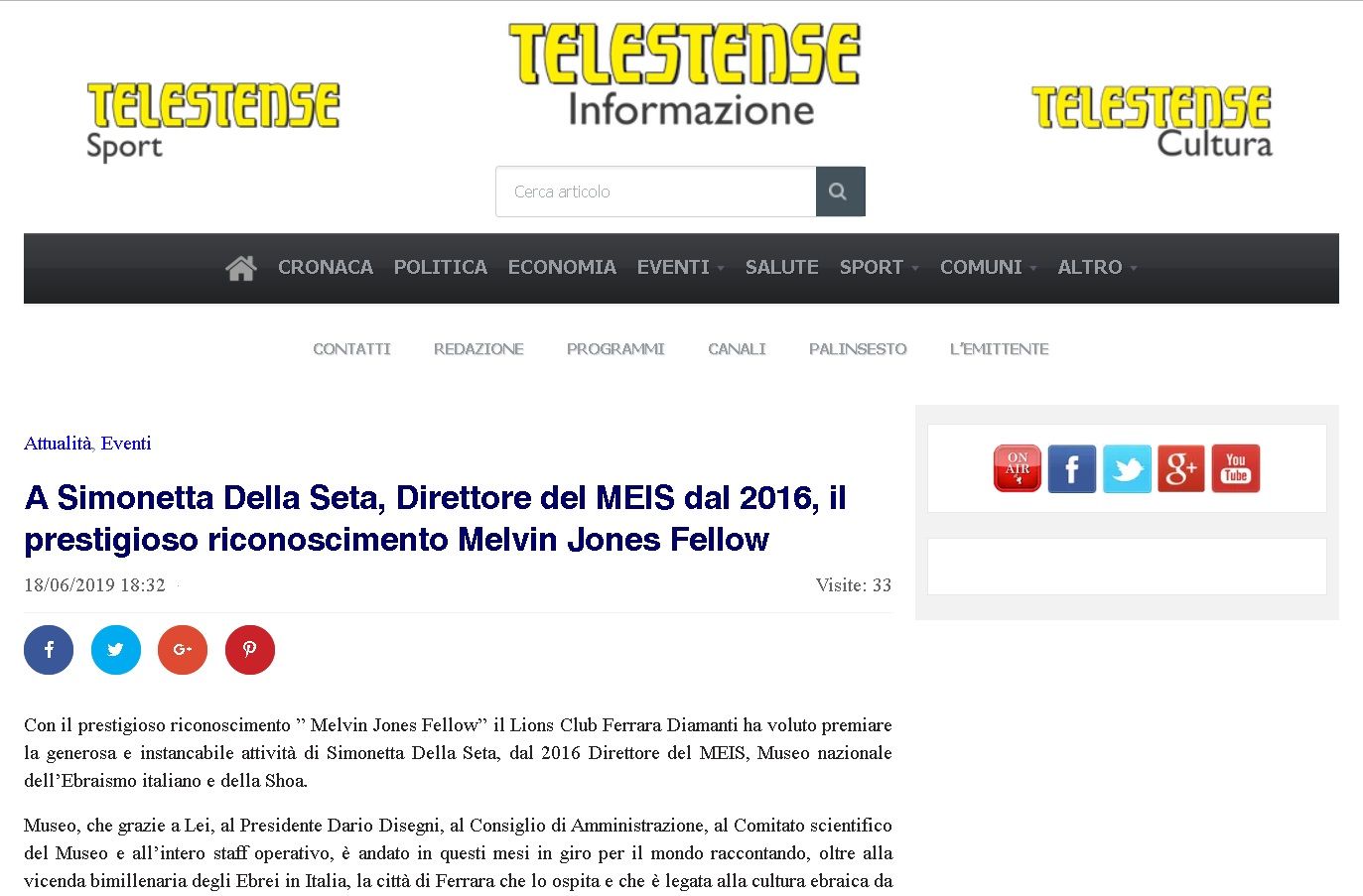 A Simonetta Della Seta, Direttore del MEIS dal 2016, il prestigioso riconoscimento Melvin Jones Fellow