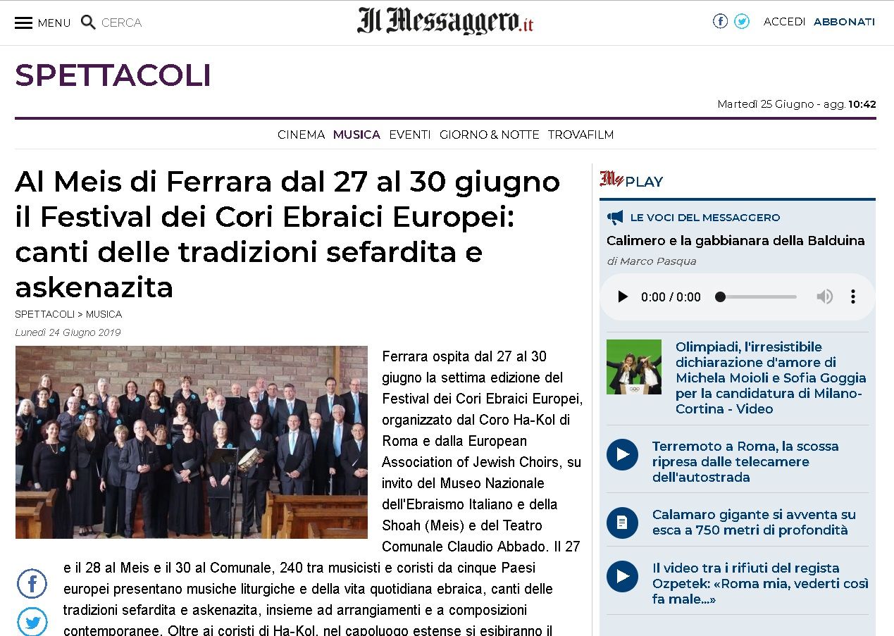 Al Meis di Ferrara dal 27 al 30 giugno il Festival dei Cori Ebraici Europei: canti delle tradizioni sefardita e askenazita