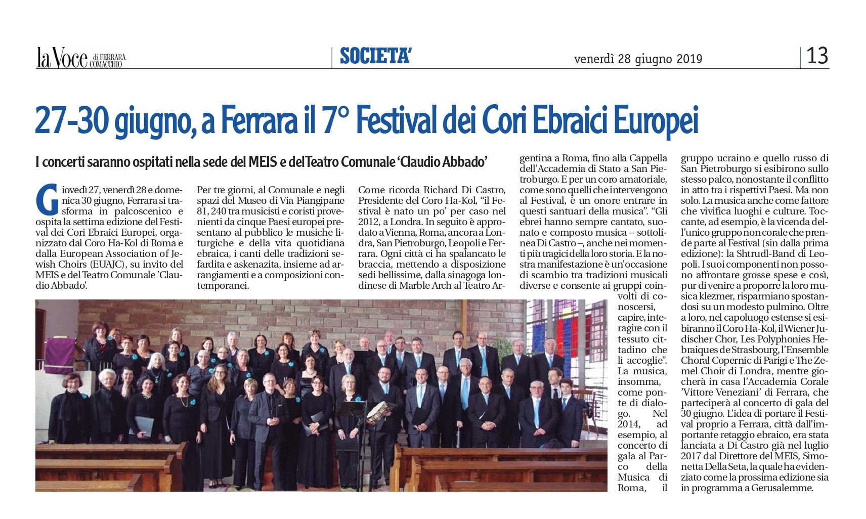 27-30 giugno, a Ferrara il 7° Festival dei Cori Ebraici Europei
