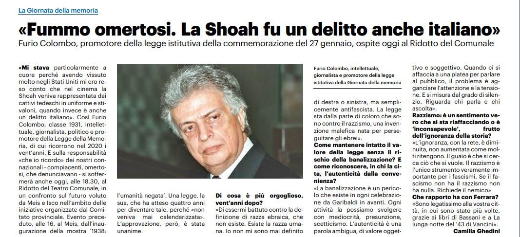 «Fummo omertosi. La Shoah fu un delitto anche italiano»