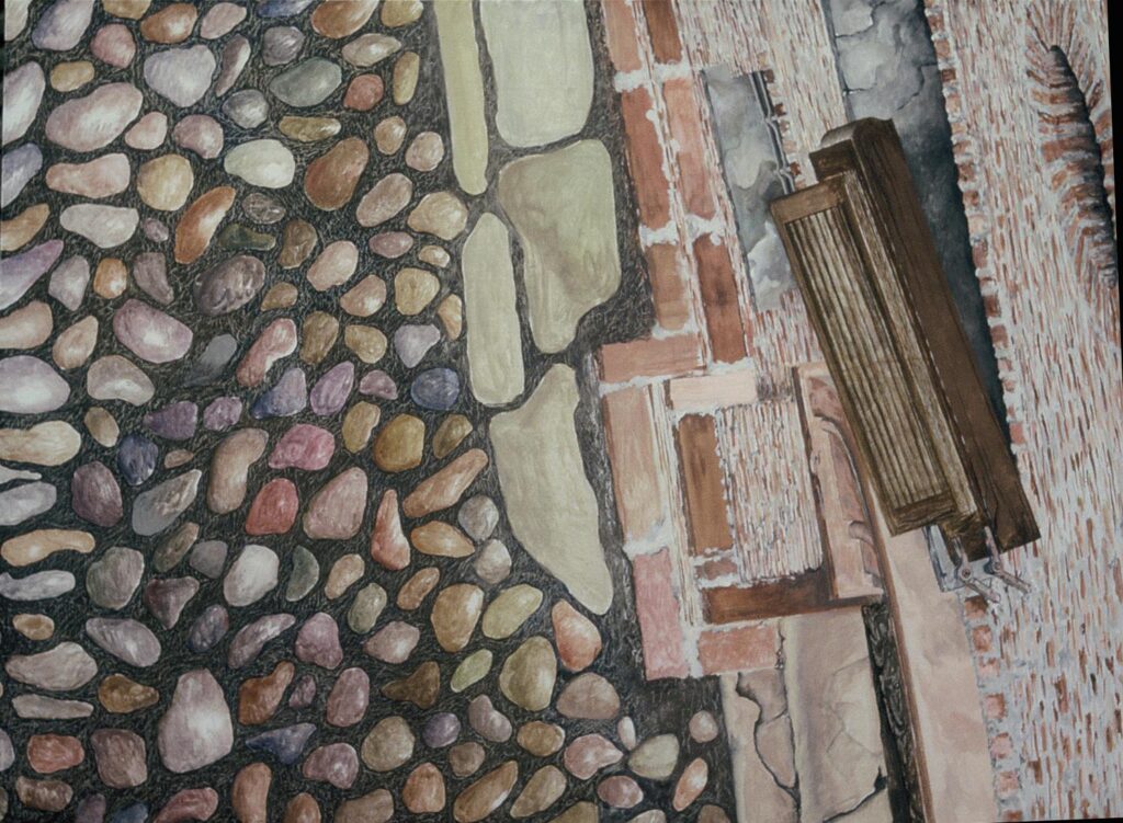 Strada del Ghetto di Ferrara, Ferrara, 1985, tempera su tela, 95×130 cm